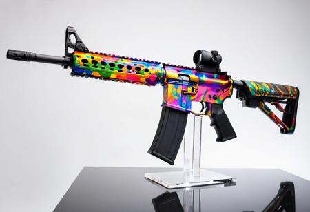 Breathtaking photo of an AR15 rifle painted in bright colours as an art piece. The weapon is an imposing artistic piece, presenting an ArmaLite AR-15 fully painted in psychedelic colours, being held by a modern acrylic art stand. The exhibition is clearly created to provoque reflection, by presenting a psychedelically camouflaged weapon and magazine. Shot in professional photography studio, using a neutral light background. The general composition creates an intriguing duality between the object and the bright unusual colours in which it is painted. An evocation of the theme of war and peace, professional studio illumination, diffused light, bokeh. Camera is positioned from a 45 degree angle, close-up, Sony A7S III, 35mm lens, ISO 100, low shutter speed, aperture f4. Professional product photography, high quality stock image, digital photography,  <lora:add-detail-xl:3>