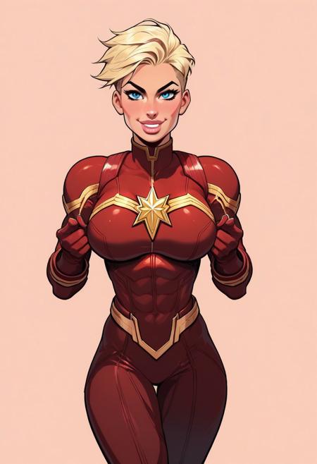 score_9, score_8_up, score_7_up, Captain Marvel (Marvel comics),  muscular body, seductive smile, very thick lips,blonde straight hair, pixie cut hair,blue eyes, perfectly detailed face, thick lips, big breasts, abs,  tonned legs,Captain marvel outfit)
BREAK front view, standing, crimson background