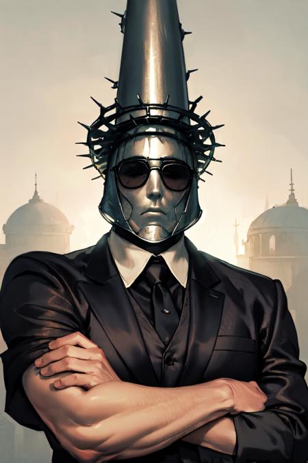 masterpiece, (detailed, highres, best quality), 1boy <lora:sppenitentOne-08:1>, penitentonedef, helmet, stone face, faceless, black tuxedo, sunglasses