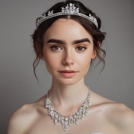 Portrait photo of an with wet-looking lips wearing a necklace and a delicate tiara, Nikon Z9, realistic matte skin, skin texture visible, (sharp focus), (high quality)