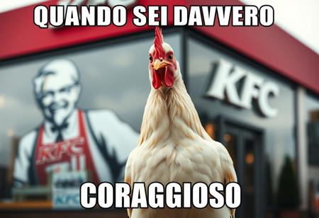 “A realistic, detailed chicken standing confidently in front of a KFC restaurant. The chicken has bright feathers, a sharp gaze, and a proud stance as if aware of its surroundings. The KFC logo is visible in the background, slightly blurred for depth. The scene is captured in a cinematic style with balanced lighting, slightly warm tones, and a shallow depth of field. Overlay bold white text with a black outline in meme style at the top: ‘QUANDO SEI DAVVERO CORAGGIOSO’.”