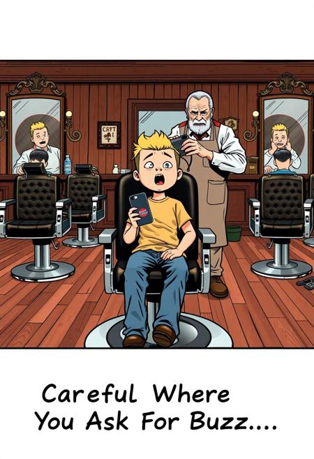 Classic comic strip style, cowboy shot, in an old fashioned barbershop with a chrome and black leather chairs, big mirrors and dark mahogany hardwood floors and walls. 
1 boy, is sitting a the chair in front of the old man, the boy is wearing wearing a T-shirt and blue jeans, holding a cellphone, the cellphone has the CivitAI logo on it. The boy is horrified as the barber has started giving him a buzzcut, eyes wide open in shock, mouth open to yell, afraid. 
1 old barber is standing behind  the boy, bored expression on his face, wearing an apron, buzzing the top of the boy's hair off with electric clippers.
A title is runs across the bottom of the image reading "Careful Where You Ask For Buzz..."