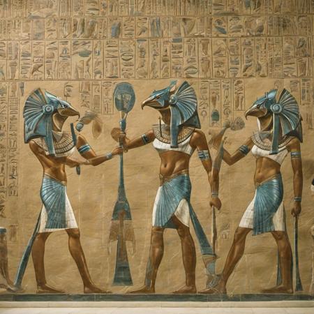 tourists visiting the Cairo museum seeing an Egyptian tomb mural of a   <lora:stargateHorus-SDXL:1.0>  stargateHorus