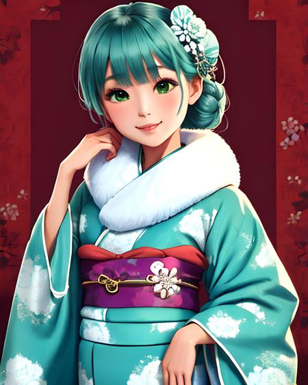 woman wearing furifur kimono, waist up, sweet smile, (blue green and white)1.1, floral hairclip, patterned clothes, extremely detailed clothing, featured on pixiv, masterpiece, highest quality, 8k