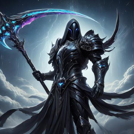 an anime image of a fantasy game knight, wielding a galaxy scythe, galaxy print on the scythe, wearing black armor, allay in background, digital art, HD, masterpiece, best quality, hyper detailed, ultra detailed,