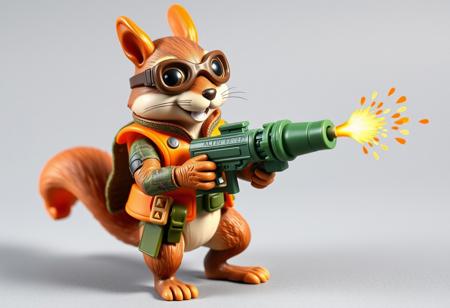 1990s-style action figure toy of an anthropomorphic squirrel dressed as a forest-themed nut defender superhero. The squirrel wears an orange utility vest, forest camo gloves, and goggles, holding a walnut-shell cannon that fires acorn projectiles and confetti nutrient bursts. Stylized accessories mini pumpkin grenades, and a belt of seeds. Bright colors, nostalgic aesthetic, detailed toy design, whimsical and heroic style, bold comic-book shading. Clean background. (No text). Isometric angle. 4:5 aspect ratio --v 5 --style 90s --ar 4:5