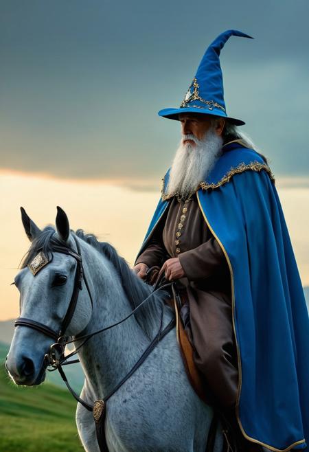 realistic, extremely high quality RAW photograph, intricate, Exquisite details and textures, highly detailed, ultra detailed photograph, 4k, high resolution, an old wizard with a grey beard, a blue pointed hat, a blue wizard cape, a wooden scepter with a blue gem set in it, a wizard riding a brown horse, a horse riding on a green hill at dusk