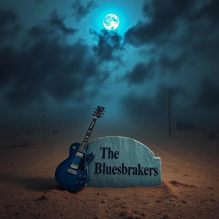 Ultra high quality, very detailed, A mysterious, fog-shrouded dusty crossroads in a barren landscape, illuminated by a blue moon, smokey clouds, looming darkness, eerie feeling, dark, deep dark shadow, a granite headstone in the foreground with carved text "The Bluesbrakers", a blue fender electric guitar rests upright next to the slab