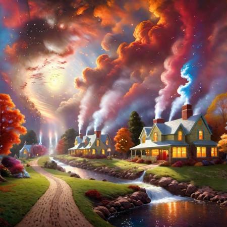 photo realistic, hyper detailed 8k Thomas Kinkade Style village with a large Thomas Cole Style landscape in   Style-Autumn with a sky like a nebula