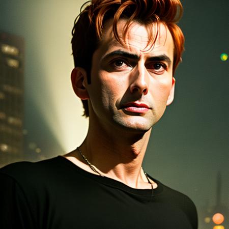 gocrow, RAW photo, a portrait photo of [[[[David Tennant]]]] in a black tshirt, close up, night, city street, extremly detailed face, (high detailed skin:1.2), 8k uhd, dslr, soft lighting, high quality, film grain, Fujifilm XT3