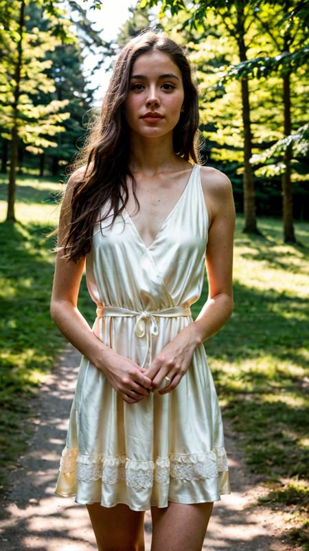UHD, 8K, ultra detailed, a cinematic photograph of HDR photo of Closeup photo of a beautiful woman, glade, summer, silk dress , dream, sunny, standing, hands behind back