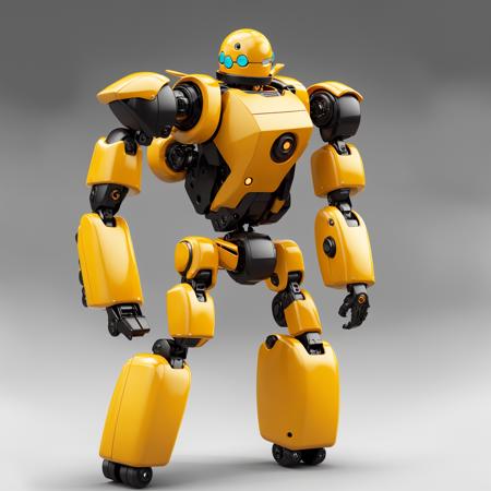 yellow robot,mecha, no humans, white background, solo, science fiction, non-humanoid robot, standing, orange eyes, simple background, soft light. <lora:cute robota_v1:0.7>