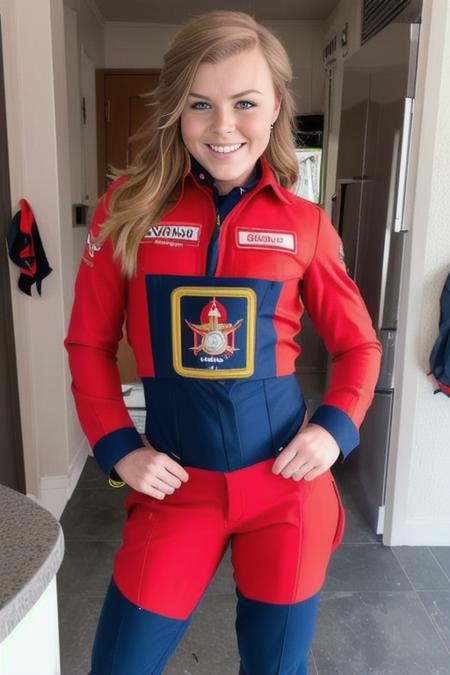 photo of (clitman-3200:0.99), a woman ((looking at the camera:.9)), dressed in a firemans uniform