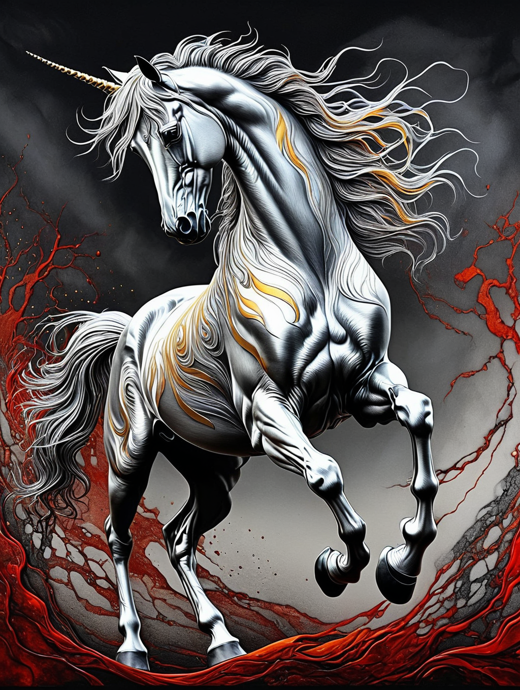 rearing silver horse, Silhouette Art, breathtaking a lineart (vibrant alcohol ink sketch). [magnificent, shiny, intriguing weirdness, extravaganza, mystery of darkness, unusual natural aesthetics, glossy]. dark hues of gold and red, rearing silver horse, Inkstains . award-winning, professional, highly detailed. extremely high-resolution details, photographic, realism pushed to extreme, fine texture, incredibly lifelike, high contrast, well defined . beautiful, lovely, mesmerizing, radiant, enchanting, splendid. <lora:Colorful_Crayons_Pony:1> cr4y0n, colorful,