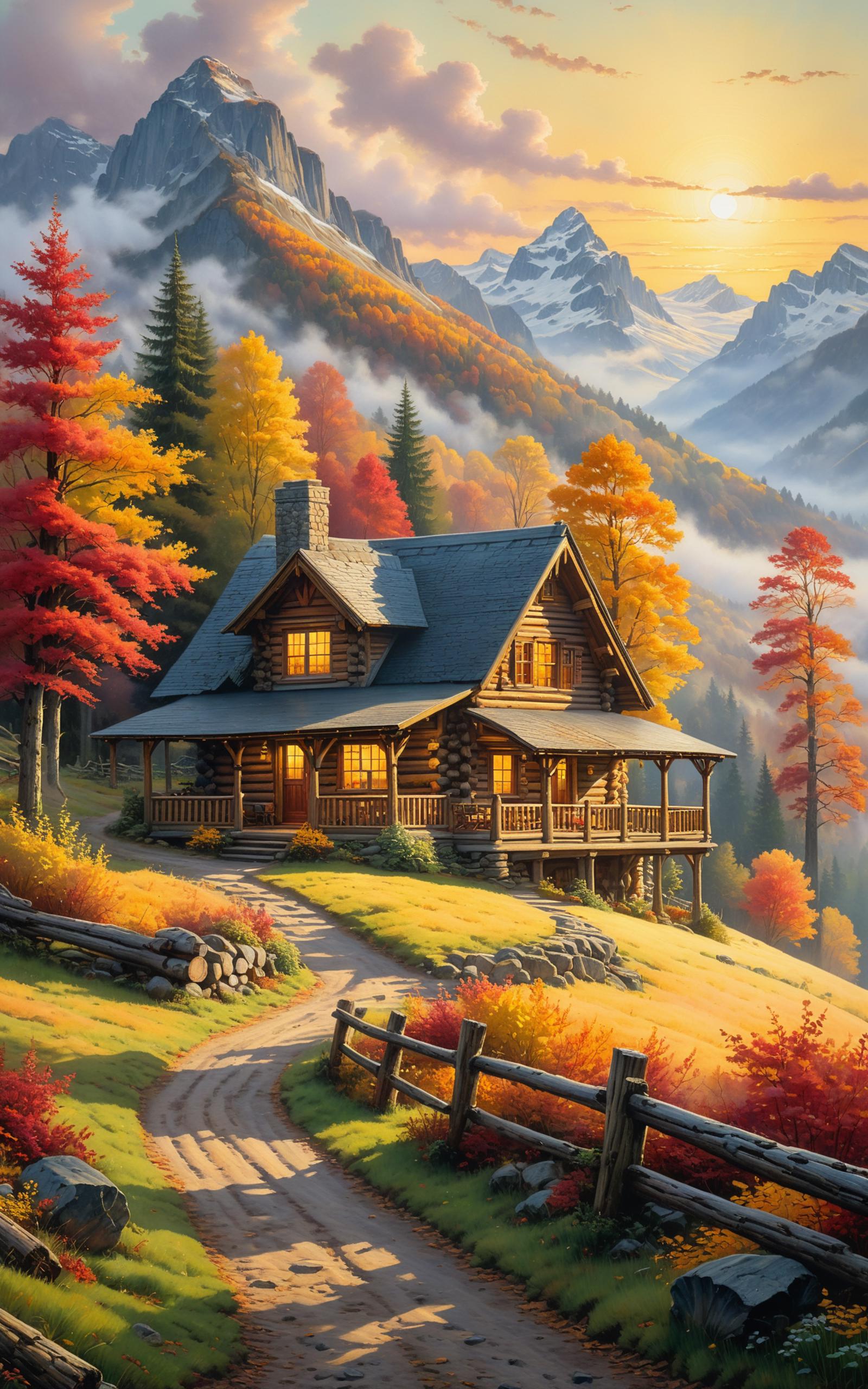 A charming log cabin with a red roof and porch, surrounded by trees and a fence.