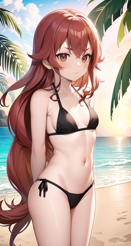 masterpiece, best quality, 8k, cinematic lighting, highly detailed, highres, hdr, <lora:eris_greyrat_3240:1> , eris greyrat, 1girl, arms behind back, beach, palm trees, sunlight, ocean, bikini, small breasts,