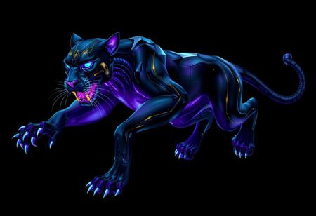 "Create a detailed, lifelike digital illustration of a cyber Galaxy black panther in a running pose, featured on amiami, incorporating the golden ratio. The panther should have purple flesh, no watermark signature, and be in an insane action pose, with an encephalopod-like appearance, black gold light blue accents, and the lord of regeneration title. The piece should be trending in Japan, have alien anatomy with animal drawing elements, and be in 4k with high coherence and post-processing. The style should resemble the work of artists such as Greg Rutkowski, Zabrocki, Karlkka, Jayison Devadas, Phuoc Quan, and Wlop."