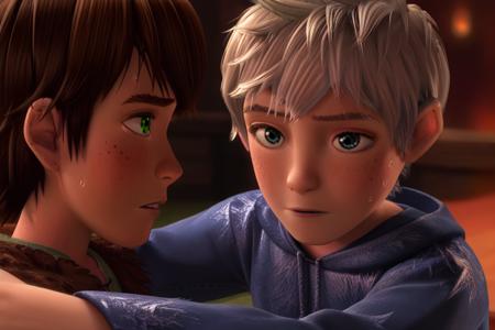 jack frost, white hair, blue eyes hiccup, brown hair, green eyes