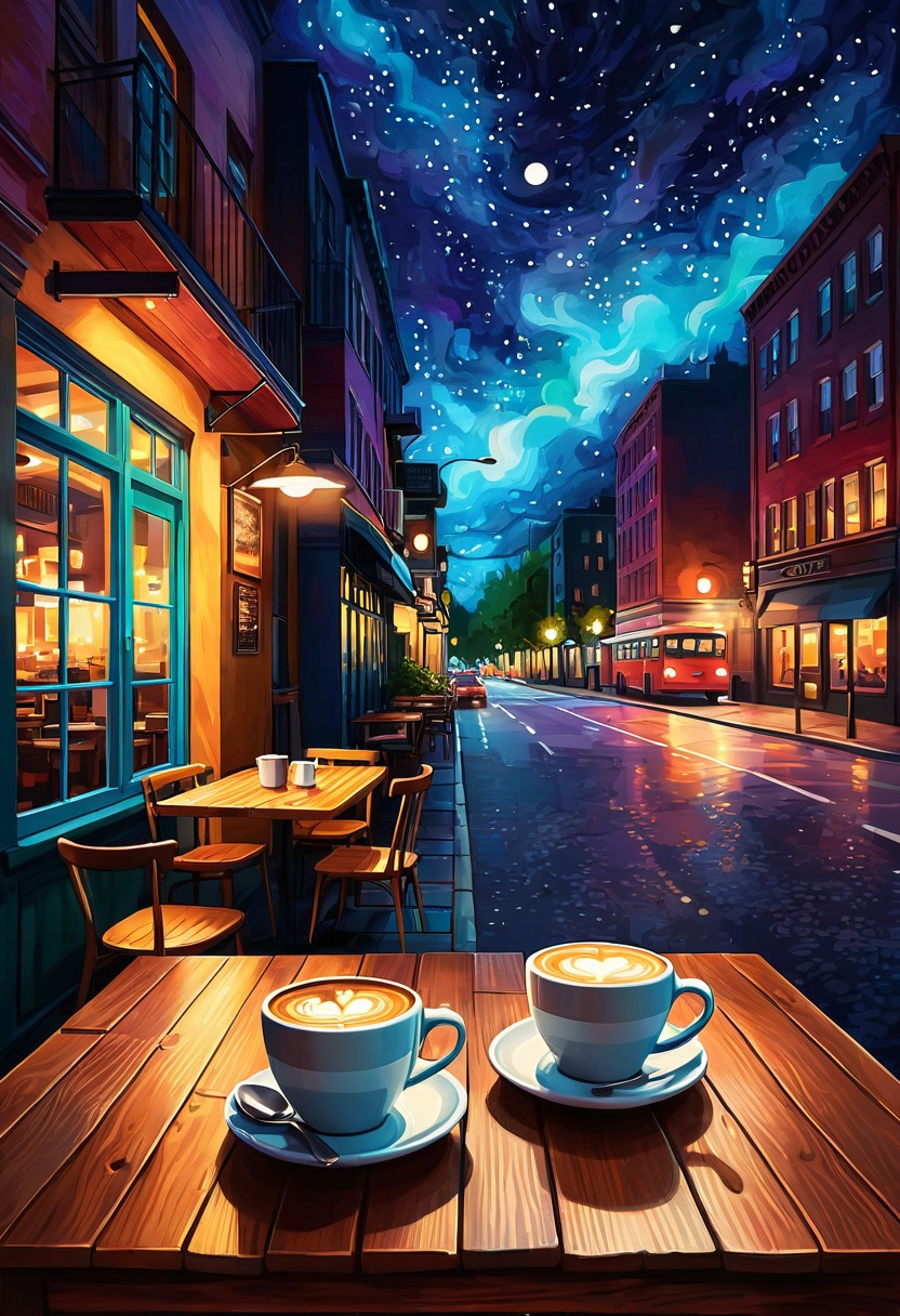 "Digital illustration featuring a vibrant night over a bustling urban street, viewed from a cozy cafe. Two coffee cups sit on a wooden table in the foreground, capturing night, creating a cozy ambiance. The art style should emulate the MidJourney aesthetic, blending realism and artistic elements for a visually captivating effect