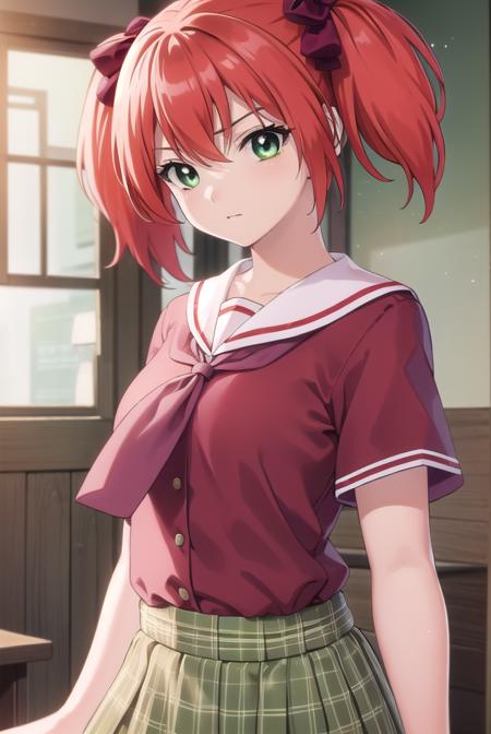 kokoashuzen, <lora:kokoa shuzen s2-lora-nochekaiser:1>,
kokoa shuzen, twintails, (green eyes:1.5), red hair, hair bow, short hair,
BREAK skirt, thighhighs, school uniform, black thighhighs, plaid, serafuku, red shirt, short sleeves, 
BREAK indoors, classroom,
BREAK looking at viewer, (cowboy shot:1.5),
BREAK <lyco:GoodHands-beta2:1>, (masterpiece:1.2), best quality, high resolution, unity 8k wallpaper, (illustration:0.8), (beautiful detailed eyes:1.6), extremely detailed face, perfect lighting, extremely detailed CG, (perfect hands, perfect anatomy),