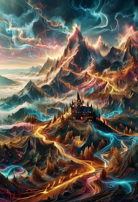 their peaks veiled in mist. mixed media, surrealism, great lighting, A surreal landscape highly detailed . extremely high-resolution details,  appears trapped in an optical illusion of reflections and refractions colorful , professional photography, natural lighting, GhostlyStyle, volumetric lighting maximalist. intricately detailed, complex, elegant, expansive, fantastical, film photography style,  medium grain, lthndrtrl