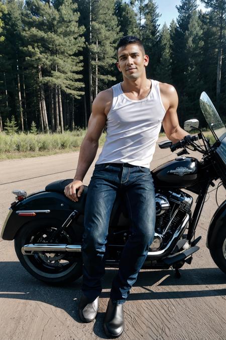 by the roadside, forest in the background, (((facing sideways))), ((sitting on a Harley-Davidson motorcycle)), black motorcycle, muscular DarinSilvers, slight smile, leaning forward, wearing blue jeans, black boots, ((white tank top)), (tight shirt), ((black leather jacket)), (open jacket), leather jacket, black jacket, ((holding handle bars)), masterpiece, (((full body portrait))), ((full body)), wide angle, (looking at viewer), highly detailed, (high skin detail), (high face detail), photorealistic, RAW photo, soft lighting, high quality  <lora:DarinSilvers:0.7>