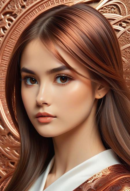 CopperCopper theme, intricate details, ultra sharp, exquisite detail, flawless composition, vivid colors, masterpiece, Super model, portrait, stoic, expressionless, beautiful, photorealistic, UHD, 8K, masterpiece, detailed, ultra_high_resolution, lots of detail, YurYuna, brown hair, modest, sfw, gorgeous, looks beautiful and aesthetic, colorful background, key visual, luxurious, artistic, high resolution, digital art, visual aesthetics, contemporary design, vibrant colors, artistic composition,  elegant, intricate detailing, modern,