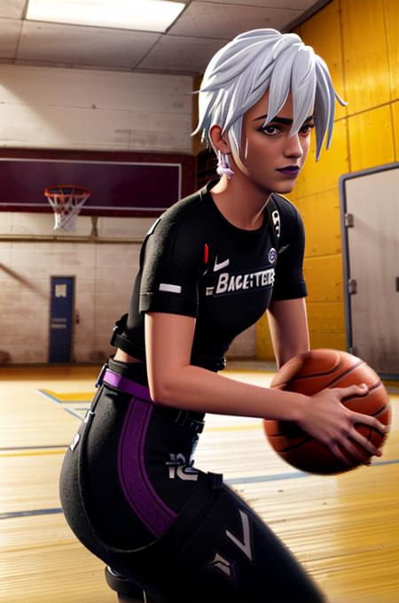 <lora:Fortnite_Highwire_1.1:0.8>, Fortnite_Highwire, (Black T-Shirt, Purple Skirt:1.4), Sneakers, (((interior, Basketball Court, Playing Basketball))), ultra realistic 8k cg, picture-perfect face, flawless, clean, masterpiece, professional artwork, famous artwork, lighting, cinematic bloom, perfect face, beautiful face, beautiful eyes, volumetric lighting, cgi, 3d, octane render, ambient occlusion