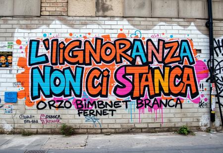 Graffiti mural on a large urban wall, with bold, vibrant spray-painted text reading ‘L’IGNORANZA NON CI STANCA - ORZO BIMBO & FERNET BRANCA’ in a mix of playful and gritty fonts. The wall is weathered, covered with artistic flourishes, paint splatters, and abstract shapes, giving it a raw, street-art vibe. Surround the text with vivid, dynamic colors—splashes of orange, blue, and pink. The letters are outlined in thick black strokes, with some 3D effects, shadows, and highlights to make them pop from the brick surface. The background features rough brick and concrete textures, along with faded posters, stickers, and smaller tags from other graffiti artists, adding authenticity to the scene. A few subtle details like plants or urban decay elements, such as cracks in the wall, can be visible to enhance the atmosphere of a lively urban street corner. The overall look feels spontaneous, rebellious, and energetic, capturing the spirit of street art.