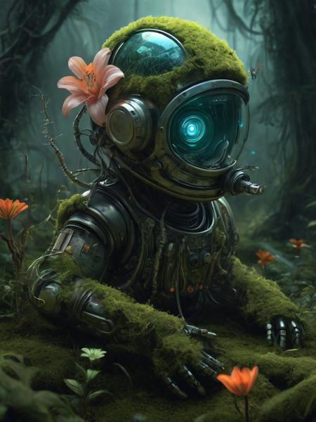 illustration-style picture of a biomechanical entity. The entity is a fusion of technology and nature, with a helmet that resembles a diving suit, its surface covered in verdant moss, crouched down and admiring a flower, twisting vines, and bright, exotic flowers. Its arms are heavy and robotic, adorned with peaceful symbols and patterns. The backdrop is an enchanted swamp, filled with a mystical fog, gnarly trees, and a spectrum of swamp flora. Fireflies dot the air with their luminescent glow. The illustration should have a whimsical and fantastical feel, with vibrant colors and a hand-drawn quality that emphasizes the enchanting aspects of the scene and the organic-meets-mechanical theme.