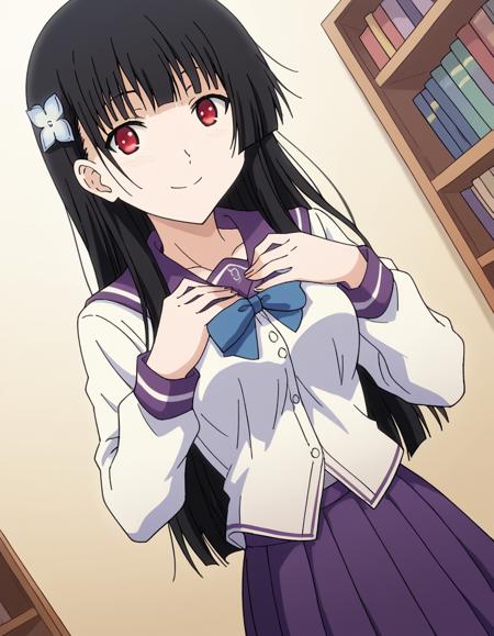 rea sanka, red eyes, black hair, bangs, blunt bangs, black hair, hair ornament, hair flower, sidelocks, medium breasts, school uniform, serafuku, long sleeves, bowtie, blue bowtie, skirt, purple skirt, pleated skirt, white shirt, purple sailor collar,