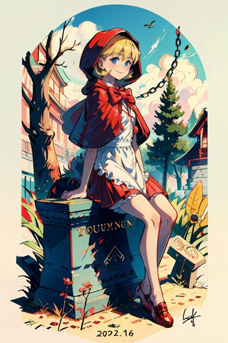 masterpiece, best quality, <lora:bbh:1>,1girl, blonde hair, blue eyes, chain, hood, dress, tree, instrument, short hair, red footwear, sitting, guitar, bow, red capelet, red hood, looking at viewer, little red riding hood (grimm), white dress, bare tree, signature, dated, blush, hood up, tombstone, capelet, smile, weapon, solo, red bow, artist name, shoes, cloak, electric guitar, bowtie, bangs,