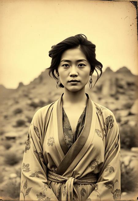 1900s black and white, sepia, vintage camera photograph featuring a photograph of a Chinese woman in her early 20s with 1900s hair and makeup. She wears a kimono slightly open. She is facing the viewer. She has natural extremely large soft breasts which naturally sag. She has an hourglass figure, wide hips, narrow waits, large bust. Behind her is a Western landscape, rugged, sparse, rocky.