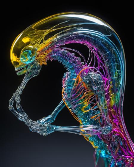 focus on alien non-anthropomorphic bioengineered creature, transparency:1.4, (detailed cybernetic implants fused with organic matter:0.5), full body, (with intensely vibrant swirling colors:1.9), realistic photo, <lora:add-detail-xl:1.0> ,  <lora:artialien:1> artialien