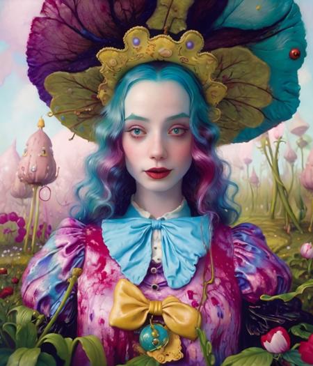 oil painting, lowbrow,  Ray Caesar, portrait young mad hatter, 1girl, alice in wonderland, sensitive, deep detailed wonderland background, garden, surreal art, portrait, creepy, horror, vibrant colors, vivid colors, colored hair, wind hair, huge hat, surreal,