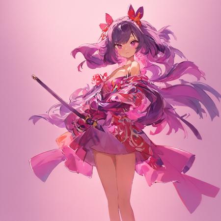 anime, 1girl, solo, long hair, breasts, looking at viewer, blush, smile, bangs, skirt, large breasts, black hair, hair ornament, long sleeves, holding, cleavage, very long hair, closed mouth, standing, purple eyes, collarbone, weapon, purple hair, flower, outdoors, japanese clothes, day, sword, hair flower, wide sleeves, kimono, holding weapon, arm up, petals, watermark, holding sword, floral print, katana, sheath, hakama, hakama skirt, sarashi, red hakama, pink kimono, architecture, east asian architecture, unsheathing