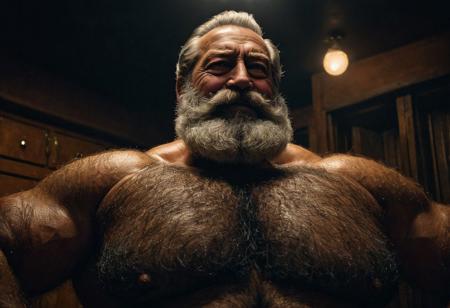 (photo, realistic, raw), (nighttime, at night, dark, dark hard shadows, cinematic atmosphere, movie grain, hazey atmosphere), closeup from below, (etherial, spiritual, emperor, king, god), old burly buff gentleman with beard, old manly mature man, combed back hair,  doublechin, old hairy tanned grandpa, wrinkly neck, hairy chest, proud big hairy chest, thick neck, hairy armpits, tanned skin, tight golden spandex, gold jewellery, gold necklace, in a dark locker room at night, nighttime, gentle loving smile, intimite situation, romantic atmosphere,