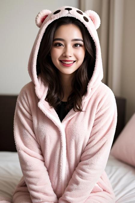 DI_belle_delphine_v1, <lora:DI_belle_delphine_v1:0.5>, (25 years old), smiling, long hair, modern photo, wearing (bear costume), <lora:BearCostume:0.4>, (portrait), cute bear onesie pajamas, super soft light pink plush fabric, fluffy hood, adorable bear hood, (35mm, F/2.8) Photo Focus, DOF, Aperture, insanely detailed and intricate, character, hypermaximalist, beautiful, revealing, appealing, attractive, amative, hyper realistic, super detailed, beautiful woman, ((detailed eyes)), long eyelashes, (glossy lips), in her bedroom, sfw,bear costume, belle-delphine