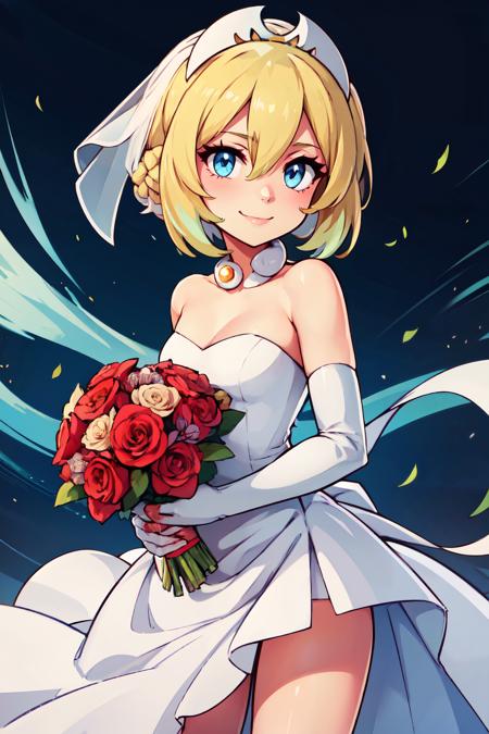 zzIrida, blonde hair, blue eyes, short hair, bangs, hair between eyes,  zzIrida, blonde hair, blue eyes, short hair, bangs, hair between eyes, red hairband, bracelet, neck ring, red shirt, sash, solo, strapless shirt, white shorts, waist cape, 