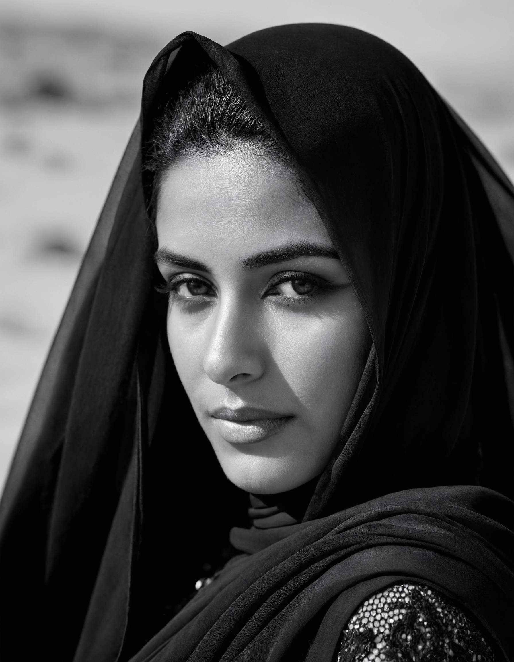 (portrait), (closeup), (black and white), windy, 30 year old arabic  woman in elegant black dress, veil, looking back over shoulder, desert