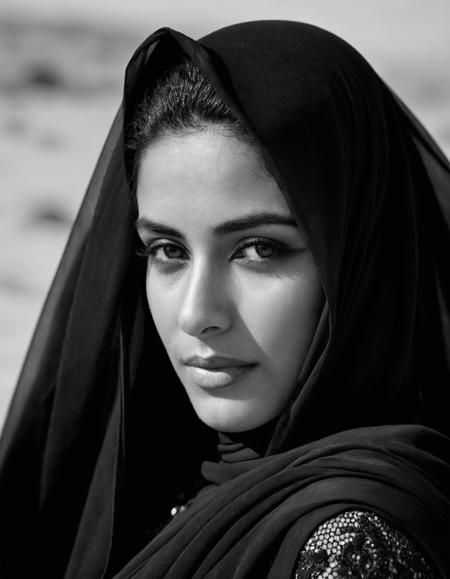 (portrait), (closeup), (black and white), windy, 30 year old arabic  woman in elegant black dress, veil, looking back over shoulder, desert
