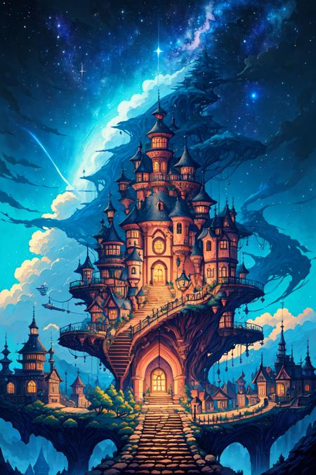 Wallpaper Fusion,  bridge,  building,  chimney,  cloud,  fantasy,  house,  night,  night sky,  no humans,  outdoors,  scenery,  sky,  stairs,  star (sky),  starry sky,  tower,  tree, <lora:EMS-49411-EMS:1.000000>