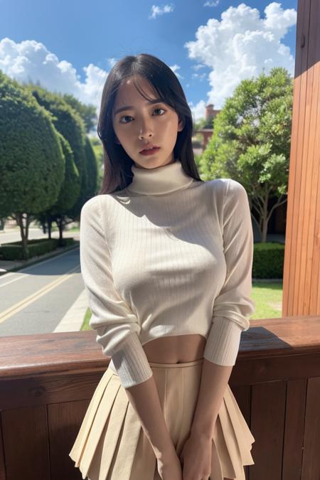 1girl,white_shirt,turtleneck,pleated skirt,best quality,masterpiece,illustration,an extremely delicate and beautiful,CG,unity,8k wallpaper,Amazing,finely detail,masterpiece,official art,extremely detailed CG unity 8k wallpaper,incredibly absurdres,huge filesize,ultra-detailed,highres,extremely detailed,beautiful detailed girl,realistic,full frontal,outdoors,<lora:Riko Ohtsuki:0.8>,