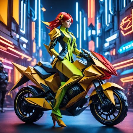 (a beautiful neon red hair origami cyborg woman dressed in neon green racing futuristic sleek neon red and yellow origami motorbike down the street of neon blue futuristic origami city), LinkGirl, cyborg style, origami, cyberpunk style, <lora:EMS-19562-EMS:0.600000>, , <lora:EMS-17123-EMS:0.600000>, , <lora:EMS-48994-EMS:1.300000>