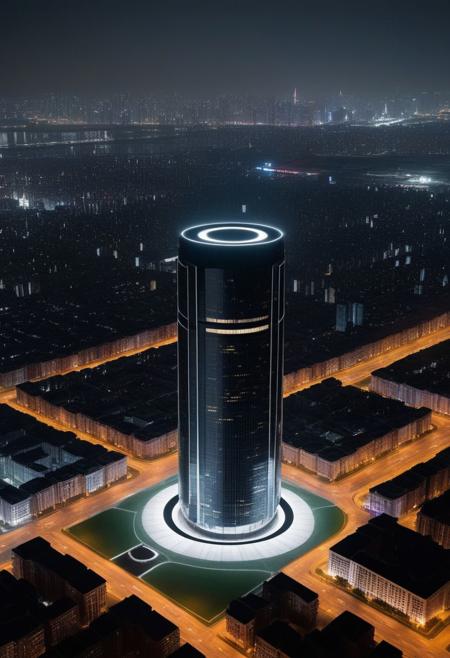 A stately pleasure-dome decree:
Aleph Tower marked with a black circle in bold lines intersected by a thick , centre for the AI that rules the Human civilization, in a glittering city of glass and shining metal,
   bright sunlight under a pitch black sky.
So twice five miles of urban sprawl,
With walls and towers  girdled round;
Photographer Reuben Wu Style