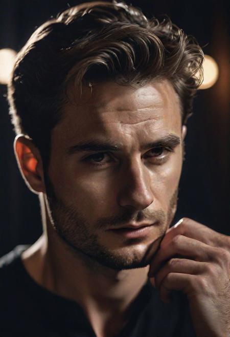 high quality, portrait photo of 30 y.o european man, ((long white eyelashes)), wearing black shirt, detailed face, skin pores, cinematic shot, dramatic lighting