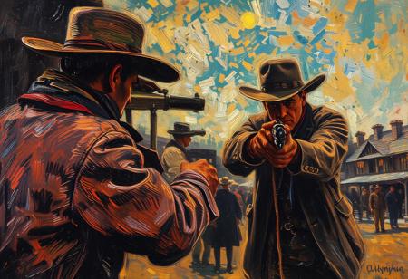 OByouhua, oil painting,

wild west, western, gunslinger, ((showdown)), high noon, old fashioned revolver, 19th century, duel, western town, old west,

extreme angle, dramatic, cinematic, very dynamic, high contrast,

BREAK,
masterpiece, best quality, amazing quality, very aesthetic, absurdres, newest, scenery,