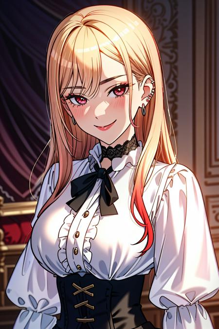 ((Masterpiece, best quality)),edgQuality,smirk,smug, <lora:MarinKitagawa:0.65>gradient blonde hair color, piercings, choker,red eyes,
edgCT, a woman in a blouse, and a skirt,wearing edgCT,chic top,ribbon,(corset)
<lora:edgChicTops1:1>