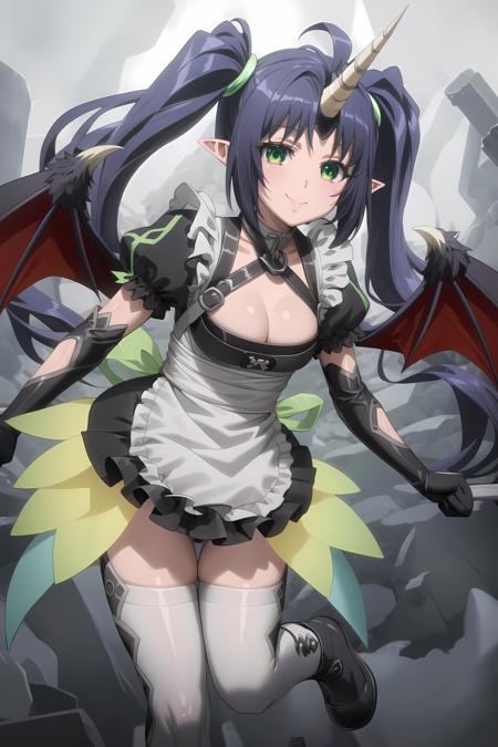 beelzebub wings beelzebuboutfit, apron, gloves, frills, white thighhighs beelzebubempress, cat ears, hair ornament, tail, black thighhighs, leotard, drill hair beelzebubgastro, japanese clothes, fundoshi, sarashi, thigh strap, jingle bell beelzebubdress, chinese clothes, navel cutout, detached sleeves, white thighhighs, jewelry