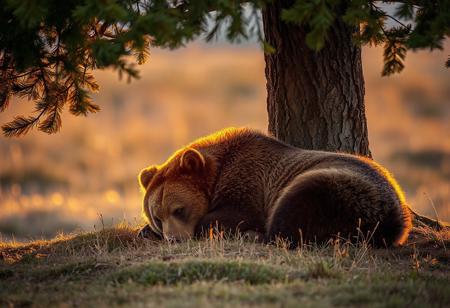 Professional wildlife photograph of a brown bear sleeping under a tree in the late evening, with a slight lense flare effect from the setting sun